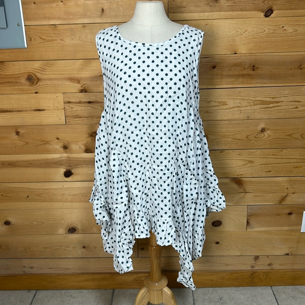 EUC Heart’s Desire by Mary Grace Texas linen ruffled shift dress top tunic L XL